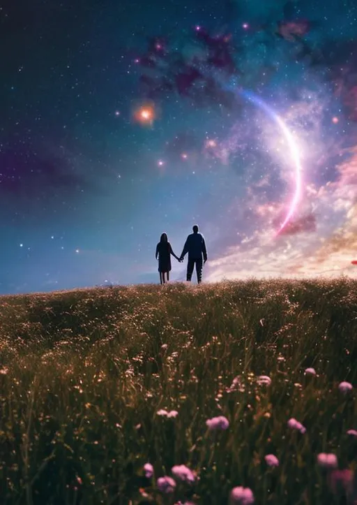 Prompt: 
man and woman walk hand in hand across a meadow.
On the horizon is a planet, the cosmos and many stars.
use purple colors