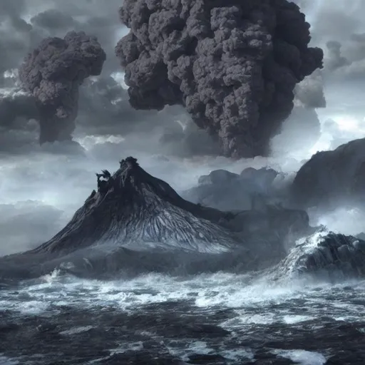 Prompt: create a realistic Horror concept art of tsunami crashing the volcano mountains.