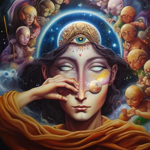 Prompt: A fantasy oil painting of a beautiful youngs third eye opening while she floats in the universe in traditional European clothes 