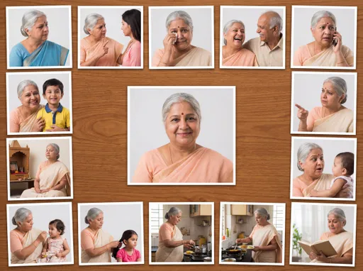 Prompt: Core Look

Indian grandmother, 65, silver hair in neat bun, soft round face, gentle warm eyes, light cotton saree (peach/cream/blue), slightly plump, affectionate.

Expressions

warm smile

firm but loving

emotional

laughing

worried

proud

gentle scolding

soft spiritual calm

surprised

affectionate gaze

Poses / Actions

feeding child

braiding Anaya’s hair

sitting at prayer corner

cooking

talking to Meera

hugging Aarav

laughing with Dadaji

serving food

reading religious book

arranging clothes