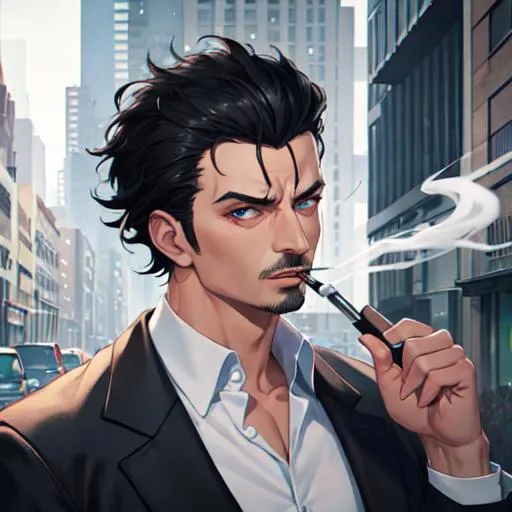 Prompt: Rick 1male (short black hair) as a criminal, smoking, mob boss, 8k, UHD, 