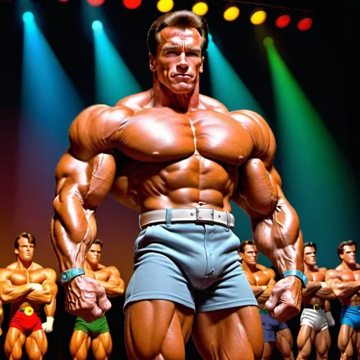 Prompt: Photo realistic, Looney Toons style, young Arnold Schwarzenegger, muscle pose, stage performance, glistening muscles, audience, detailed facial features, high quality, vibrant colors, theatrical lighting