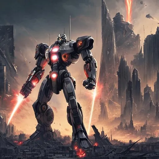 Prompt: Marvel, masterpiece, best quality, mecha, no humans, black armor, blue eyes, science fiction, fire, laser canon beam, war, conflict, destroyed city background