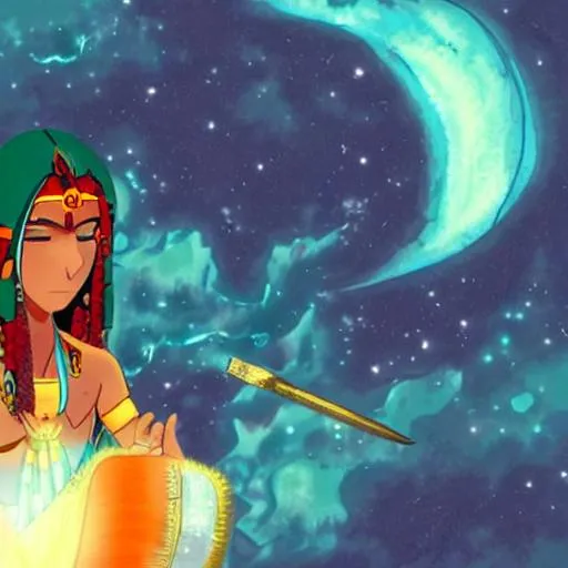 Prompt: Animated manga red headed Indian warrior princess praying to the earth. Teal markings and gold coins
