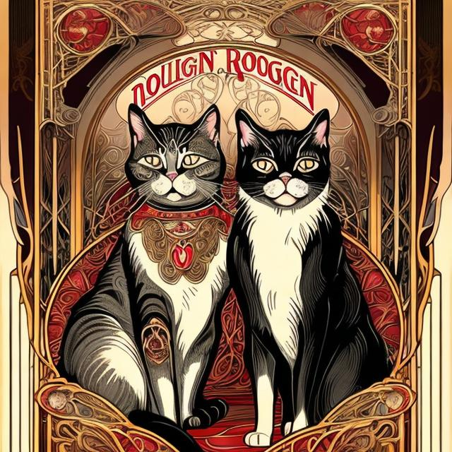 Image AI: Open Art: Art Nouveau illustration of elegant cats at Moulin Rouge, vintage color palette, decorative details, flowing lines, intricate patterns, atmospheric lighting, high quality, detailed fur, charming poses, 1900s, ornate, graceful, vintage, cats, Moulin Rouge, Art Nouveau, decorative, elegant, red color palette, intricate patterns, atmospheric lighting