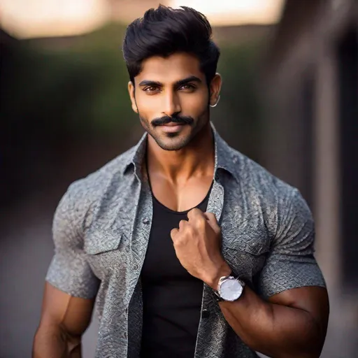 Prompt: Professional full-body photoshoot of a gorgeous, muscular, male Indian model, hyperdetailed symmetrical eyes, defined shredded musculature, mustache and stubble, broad shoulders, sultry romantic, short-sleeve button-up shirt, black jeans, flexing, smiling, best quality, hyperdetailed, professional, romantic, symmetrical eyes, defined musculature, full-body, atmospheric lighting