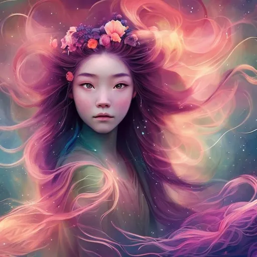 Prompt: Bloom, Nebula, Young girl, Long Flowing hair, Flowery, Dynasty