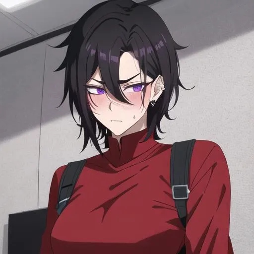 Prompt: Male young adult, 19, (Short black messy hair falling between the eyes, sharp and tired purple eyes, and a feminine body), red shirt untucked, black pants, sloppily dressed,  Black piercings, highly detailed face, 8K, Insane detail, best quality, UHD, highschooler, handsome, flirty, blushing, shy, unkempt apperance, wrinkled clothes