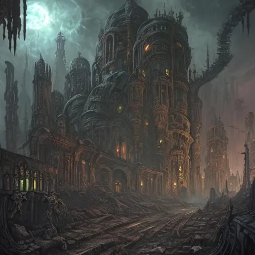 Prompt: extreme long shot concept art depicted old ruined subterrean flesh necromancer city, dramatic mood, overcast mood, dark fantasy environment, arcane glow , dieselpunk, bodyhorror building, mutation flesh, corruption,  art inspired by warhammer and arcane, style art by HR giger, style art by Molly Brown