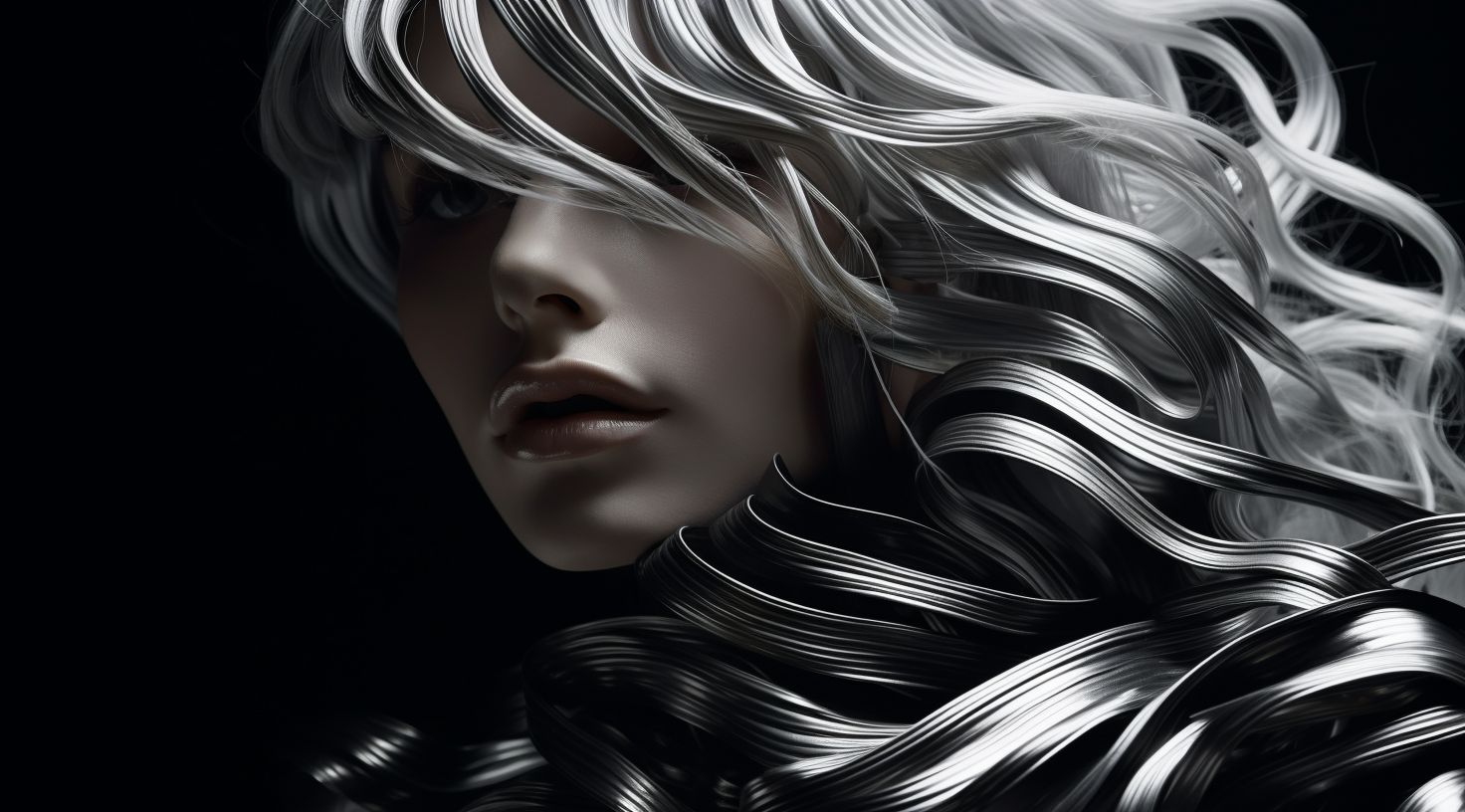 Prompt: a woman in a silver metalic wig sits near a black background, in the style of wavy lines and organic shapes, precise hyperrealism, large scale abstraction, auto body works, uhd image, new british sculpture, close-up shots