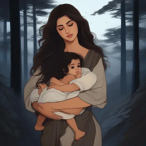 Prompt: highest quality anime art masterpiece, digital drawing, Azerbaijani woman with long black thick wavy messy hair:vistani, carrying a baby in her arms, round face, broad cheeks, sad in a forest on a dark foggy night, big brown eyes, tanned skin:2, waxing moon, huge long wide broad hooked greek aquiline algerian oriental arabic nose, flat chest, ethereal, jewelry set, highres, realistic, highly detailed, fantasy, gypsy, roma, D&D, Ravenloft, by Ilya Kuvshinov