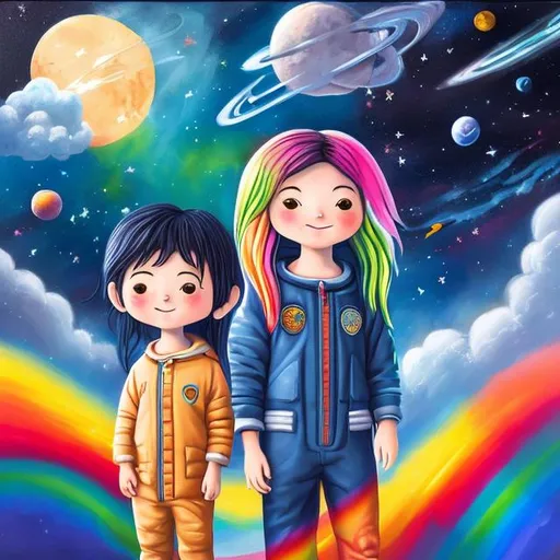 Prompt: boy and girl with long rainbow hair, in space, standing on moon with a rainbow in the style oil painting 