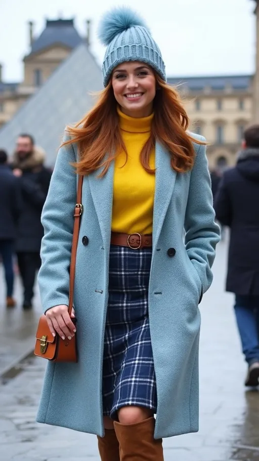 Prompt: (Stunning olive-skin French woman), walking on a (crisp winter day) in (Paris), with (The Louvre Pyramid) in the background, showcasing her elegant charm and beauty, warm friendly smile, (silky auburn-cinnamon hair), wearing a chic (light blue knit pom), fashionable outfit with a (sky-blue & yellow tweed coat), bright (yellow blouse), stylish (blue plaid above the knee skirt), and (tall brown suede boots), navy purse, featuring curvy figure, captured in (photorealistic 8k), emphasizing (high detail & quality). The ambiance is (charming) and (elegant).