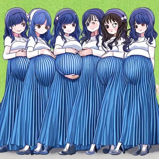 Prompt: There are multiple pregnant anime girls who are all wearing blue pleated long skirts. The hair of the anime girls are long and straight.

The pregnant anime girls are holding their baby bumps.

