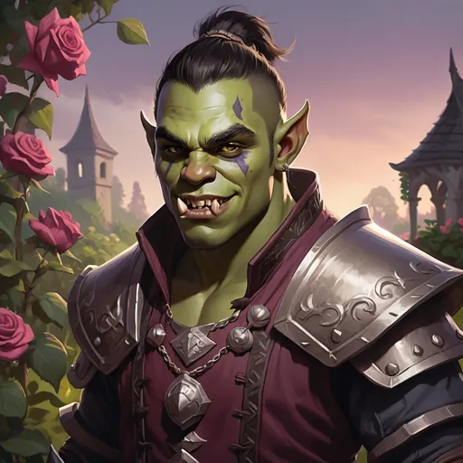 Prompt: a dnd portrait of dumb orc young man with clean face, large lower jaw fangs, wearing noble clothing, standing in a garden, with dark rose bushes and dusk in the background