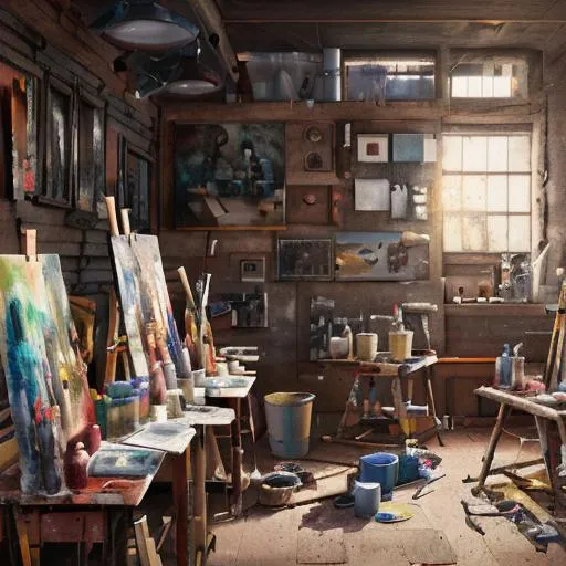 Prompt: A painting of a painter's workshop with paints and brushes laying all around