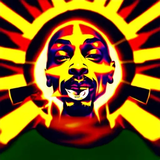 Prompt:  sunface smoking a joint,getting stoned, burning weed, ganja, marley, reggae, 2pac,snoop dogg,
very smokey