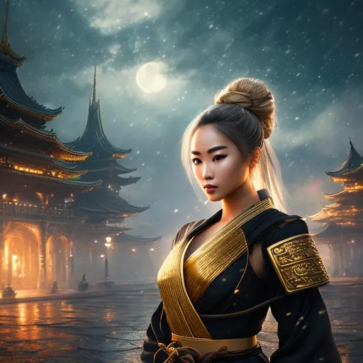 Prompt: create best quality photograph of beautiful female ninja who is wearing all golden ninja style robes,  night and beautiful sky as background, detailed face, extremely detailed environment, extremely detailed background, extremely detailed skin, extremely detailed clothing, natural colors , professionally color graded, photorealism, 8k, realistic, moody lighting, galactic environment, volumetric lighting