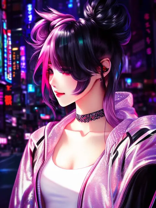 Prompt: highly detailed, anime, high contrast, dramatic neon lighting, Korea street view in background, idol, insanely beautiful, light pink and black split-dye hair, selfie, dark gray eyes, 1 person
