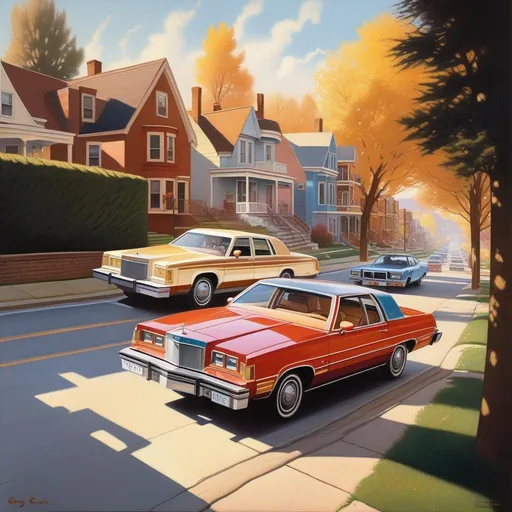 Prompt: 1980s, Cincinnati, car chase, sunny weather, warm atmosphere, cartoony style, extremely detailed painting by Greg Rutkowski and by Henry Justice Ford and by Steve Henderson