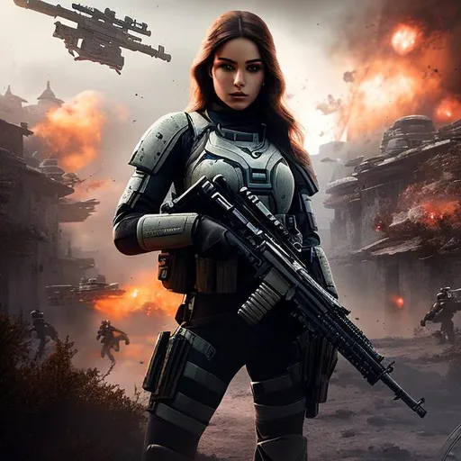 Prompt: create a photograph of beautiful  fictional female elite space soldier with gun who is battle-scarred and bleeding blood and surrendering, extremely detailed environment, war in the background, detailed background, intricate, detailed skin, natural colors , professionally color graded, photorealism, 8k, moody lighting