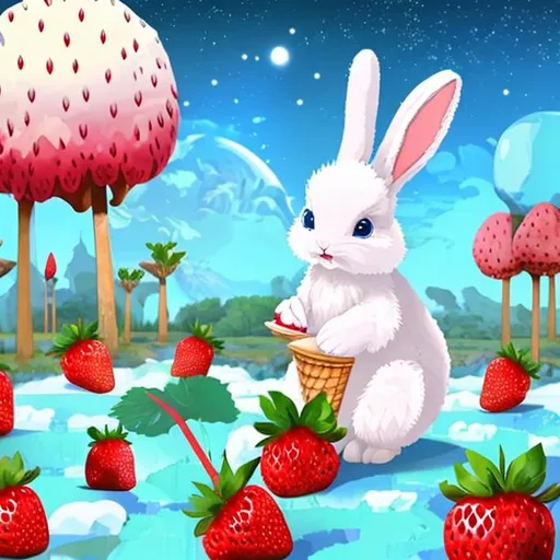 Prompt: A cute cartoon blue fluffy rabbit on a ice cream planet with strawberry trees on the background. 