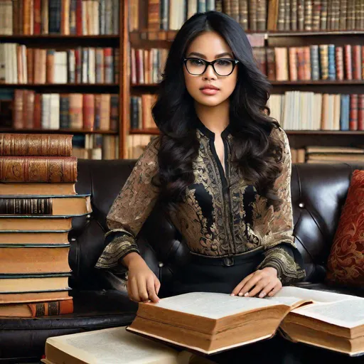 Prompt: RAW photo, pretty young Indonesian woman, 25 year old, (round face, high cheekbones, almond-shaped brown eyes, epicanthic fold, small delicate nose, long wavy black hair, glasses), brocade blouse, black pencil skirt, lying on ornate couch, piles of books, library, masterpiece, intricate detail, hyper-realistic, photorealism, award–winning photograph, shot on Fujifilm XT3