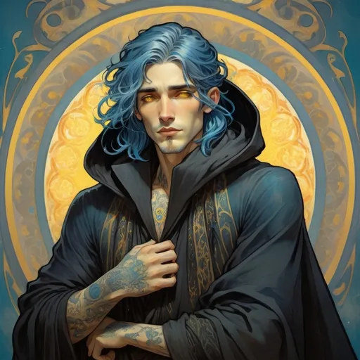 Prompt: a creature that looks like a handsome, young man, but has grey skin, long, blue hair, yellow glowing eyes and tattoos all over his body, wearing a long, black cloak