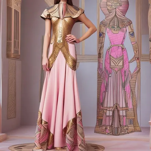 Prompt:  Pink pharaonic women's dress with golden pharaonic drawings inspired by modern elegance