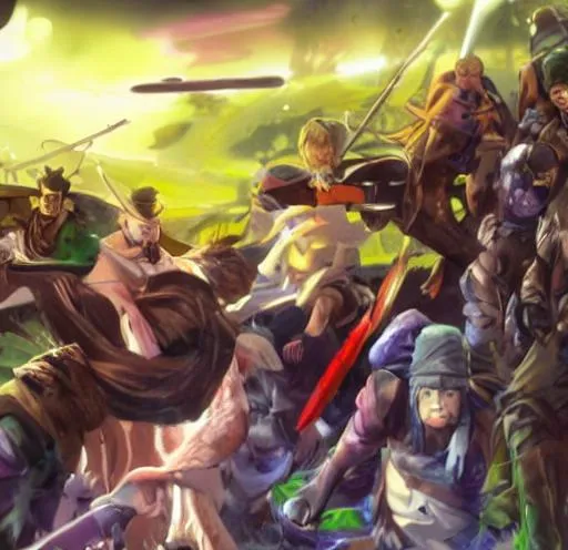 Prompt: Anime war scene graphic High detail Samurai warrior crusaders with Jesus Christ as depicted in the book of  revaltion coming out of heaven one side is the gathering of The chosen to ride victory against the enemy Satan and his fallen cyberpunk ninjas on the opposite side 