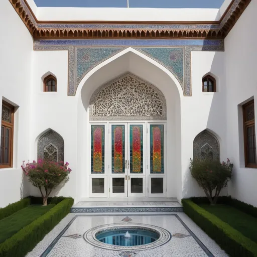 Prompt: If White House has been designed with Persian traditional architecture, with orosi windows( windows with colorful glass) and place in chahar baghe, irani
Show landscape and exterior facade 