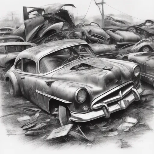 Prompt: junkyard drawing 1950's sportscar crash