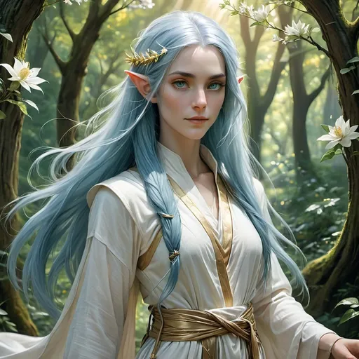 Prompt: Long blue hair, female high elf monk, wearing elegant white and gold robes that shimmer in soft sunlight, peaceful expression, serene ambiance, set against a mystical forest backdrop with delicate flowers, lush green foliage, and ethereal light filtering through the trees, ultra-detailed, high quality, fantasy-inspired scene with a calming mood of tranquility and grace.