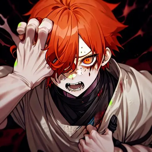 Prompt: Erikku male adult (short ginger hair, freckles, right eye blue left eye purple) UHD, 8K, Highly detailed, insane detail, best quality, high quality, covered in blood, covering his face with his hand, wide eyes, insane, fear, threatening 