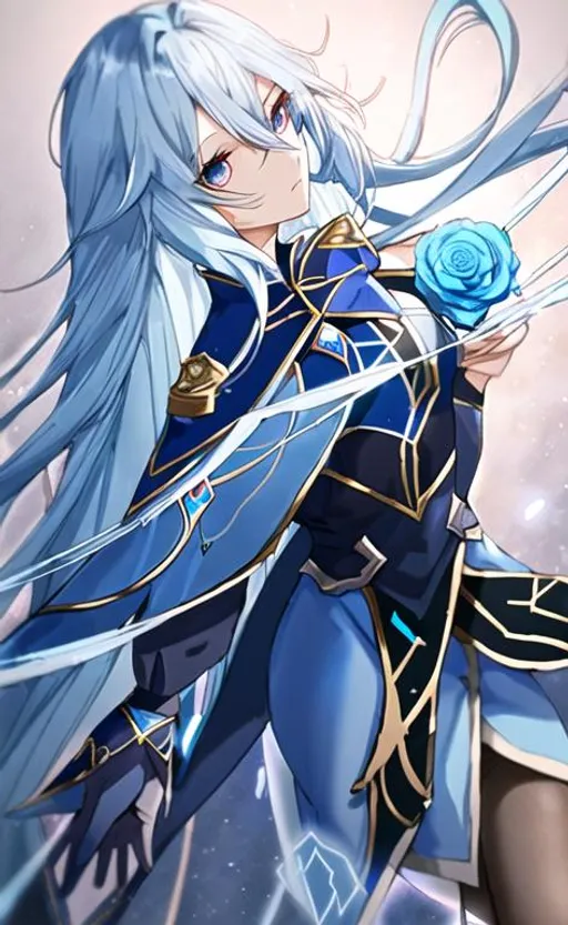 Prompt: light blue hair, long hair, blue rose, gold eyes, black tights, light blue blouse, blue plume, flowing cape, Genshin Impact, Eula Lawrence
