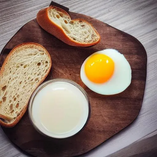 Prompt: morning brekfast in  the table / egg / milk / butter/ bread / coffe 