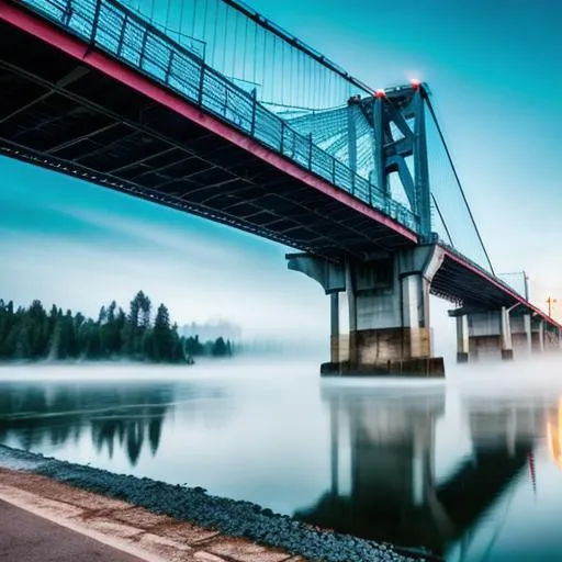 Prompt: colored sky under bridge 4k with angel with fog over water
