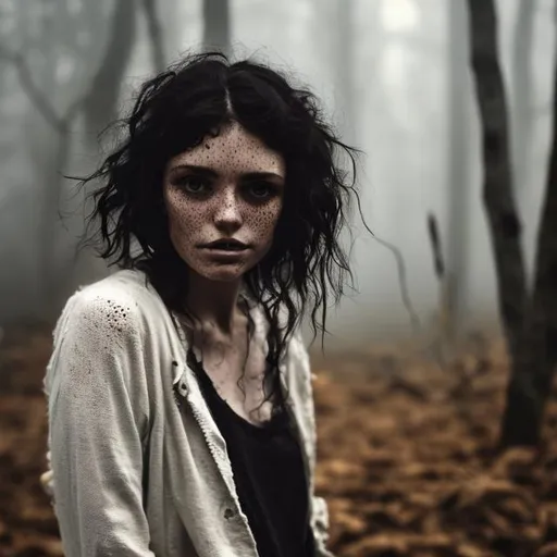 Prompt: Black short messy hair, dark eyes, white woman, underbite, black clothes, freckles, farmer in foggy forest