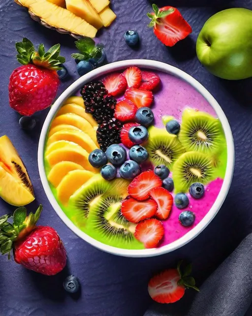 Prompt: ((Delicious Summer)) - Savor the sight of an ethereal smoothie bowl, bursting with vibrant fruits and colors. Lighting: Bright and natural daylight. Mood: Refreshing and delightful., Photorealistic, taken on an iPhone, deep shadows, savory 