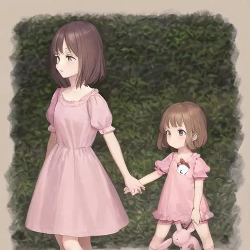 Prompt: little baby with a stuffed bunny and wearing a little pink dress, with short brown hair and holding her mom's hand as if she is learning to walk, the mom is wearing a simple purple tee and jeans
