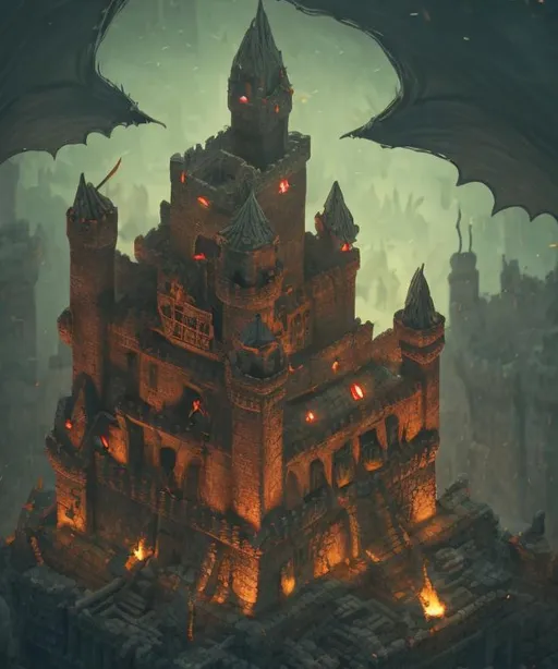 Prompt: a castle with anthropomorphic dragon warriors guarding it. skulls on sticks, skulls on pikes, kobolds, dragon people, anthropomorphic dragons, dragons, kher keep, medieval fort, ancient ruins, muted colors, Victorian, gothic, dark, Masterpiece,  photo quality,  cinematic light, ((depth of field)), fractal isometrics details, trending on artstation Isometric Centered hyperrealist cover photo awesome full color, gritty, glowing shadows, high quality, high detail, high definition, dark fantasy