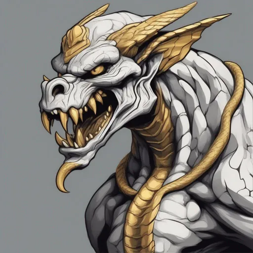 Prompt: Gargoyle, colors are black white and gold, snake-like, apocalypse creature ,best quality, masterpiece, in cartoon style