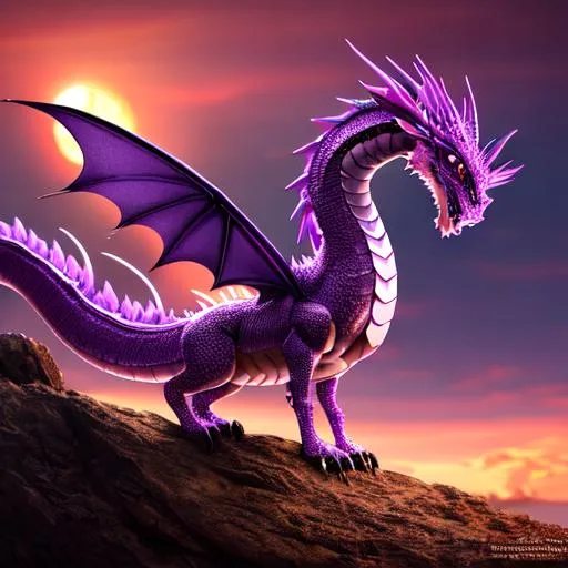 Prompt: Beautiful purple and pink dragon, 8k, high quality, sharp focus, studio photo, intricate details, highly detailed, fairy lights, gothic, full body shot, four legs, one tail, background is a golden sunset landscape