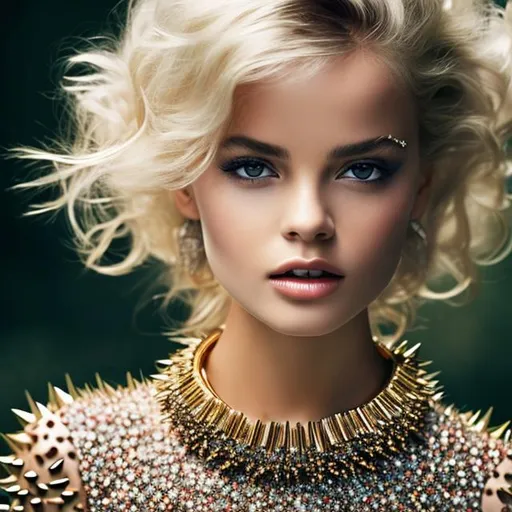 Prompt: a stunning professional fashion photo of  a cute young amazing body female slave sprinkled diamonds in spiked collar, by Annie Leibovitz, ultra realistic, highly detailed, cg wallpaper, trendy shot, ultra resolution