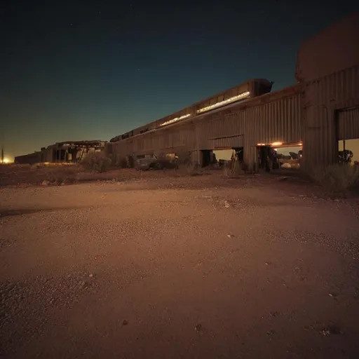 Prompt: Through the gap in the slats of a truck, the dim shapes of buildings appear: an abandoned aircraft hangars, sinking into the thick desert night. Kodak color.