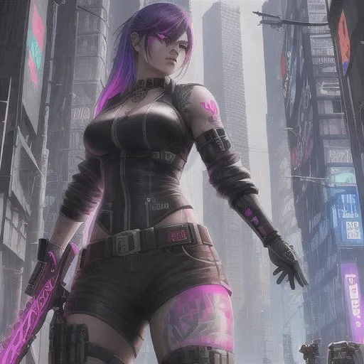 Prompt: Beautiful Cyberpunk female tattoos, strong apocalyptic, swords, guns, axes, anatomical, colorful, gothic, mech, hazardous waste, explosions 