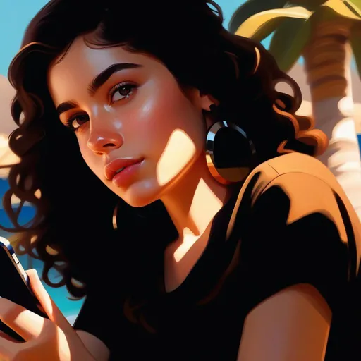 Prompt: Third person, gameplay, Puerto Rican girl, pale skin, freckles, curly brown hair, brown eyes, 2020s, smartphone, San Juan, golden atmosphere, cartoony style, extremely detailed painting by Greg Rutkowski and by Henry Justice Ford and by Steve Henderson 