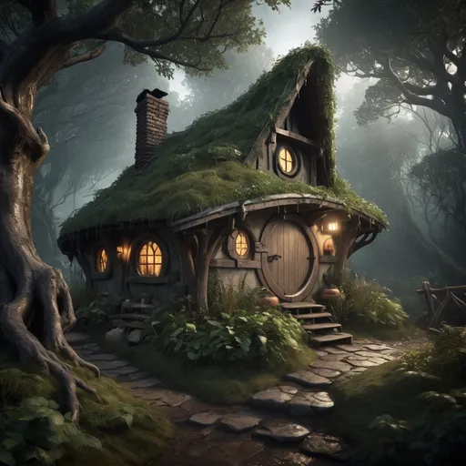 Prompt: Weathered, fantasy RPG style hobbit hut in forest, high res, eerie atmosphere, dark mood, after rain, detailed structure, detailed foliage, various trees, high quality, detailed, RPG, fantasy, weathered, atmospheric lighting, dense foliage, diverse trees, rustic, natural tones, smoke from chimney, night