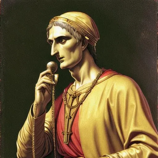 Prompt: Dante alighieri wearing a gold chain and holding a microphone