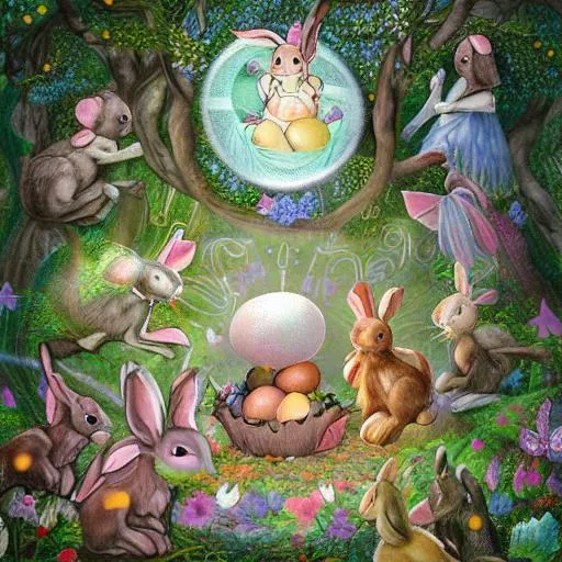 Prompt: "A digital artwork of a magical ancient woodland with a large egg in the center surrounded by bunnies and fairies."
"A dreamy scene of an enchanted forest with an oversized egg, surrounded by cute bunnies and ethereal fairies."
"An image of a mystical woodland with an enormous egg at the heart of it, featuring playful bunnies and mystical fairies."